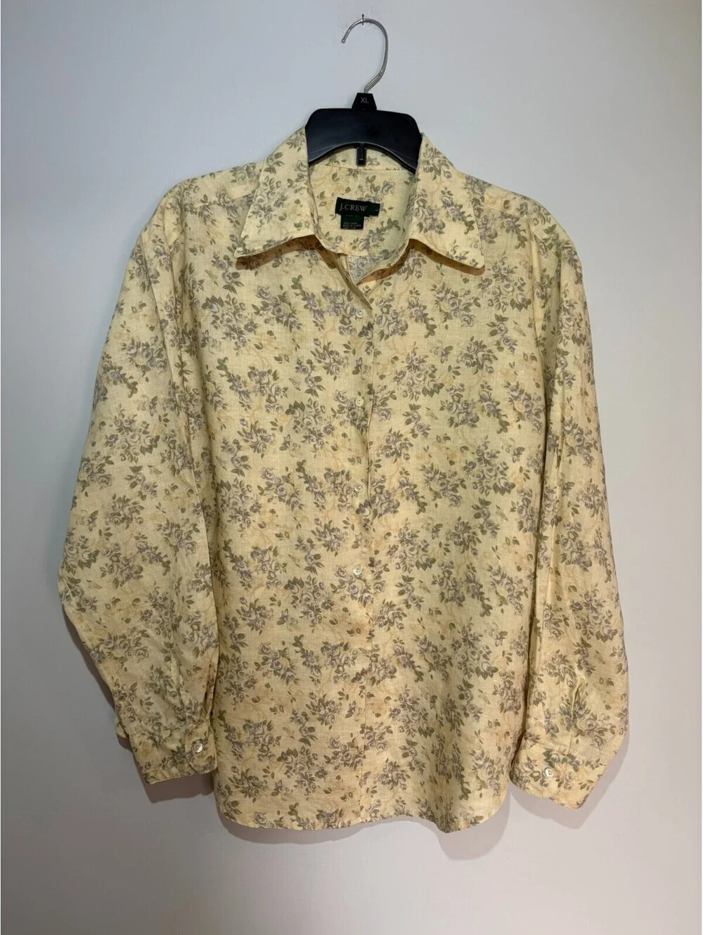J.Crew Womens Button Down Shirt Large 100% Linen Light Yellow Floral Long Sleeve